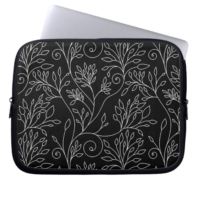 Black and white floral Laptop Sleeve (Front)