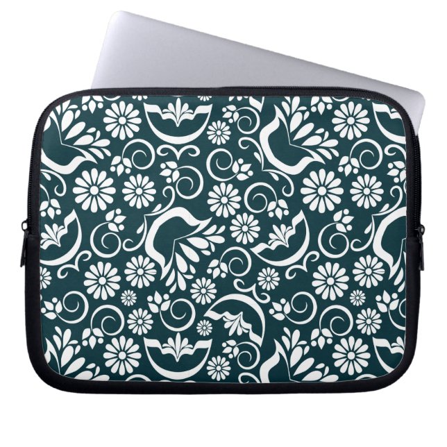 black and white floral Laptop Sleeve (Front)