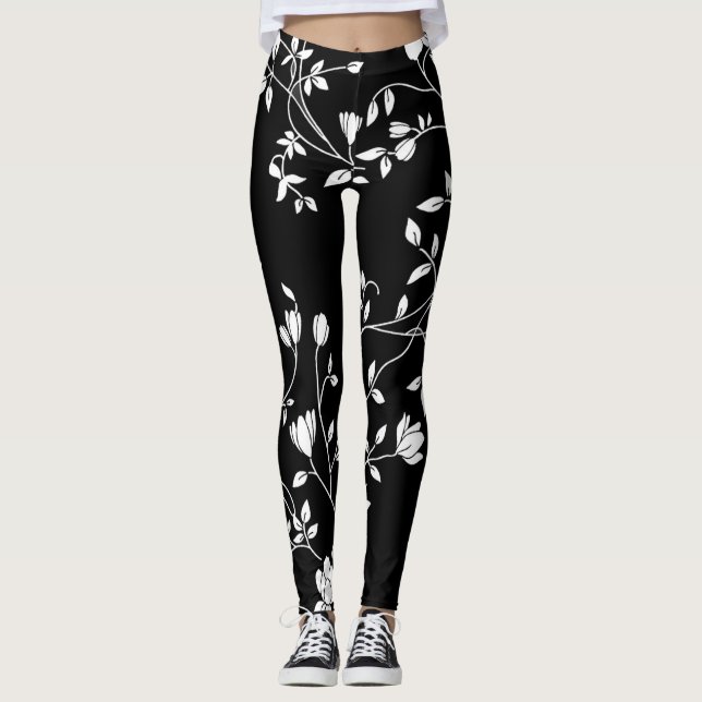 Black and White Floral Leggings (Front)