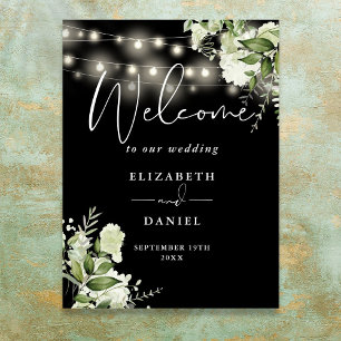Black And White Floral Lights Wedding Welcome Poster