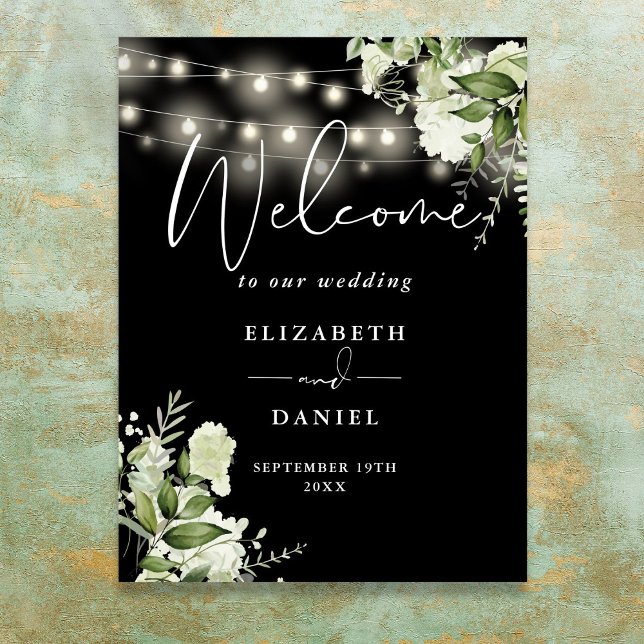 Black And White Floral Lights Wedding Welcome Poster (Black And White Floral Lights Wedding Welcome Poster)