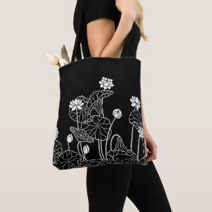 Black and White Floral Line Art Tote Bag