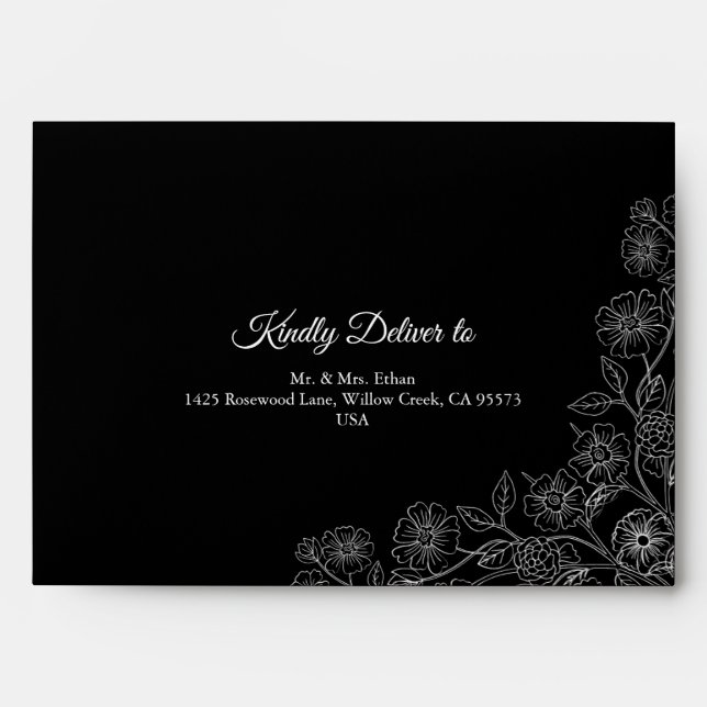 Black and White Floral Line Art Wedding  Envelope (Front)