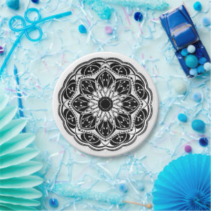 Black and white floral mandala paper plate