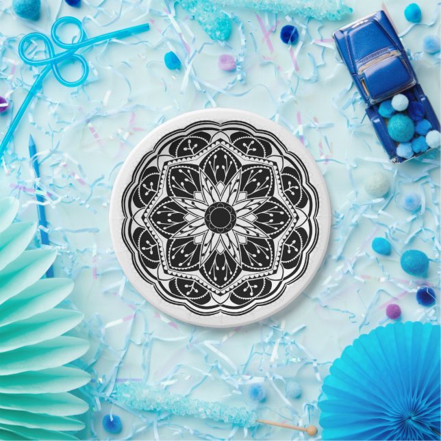 Black and white floral mandala round paper plate (Party)