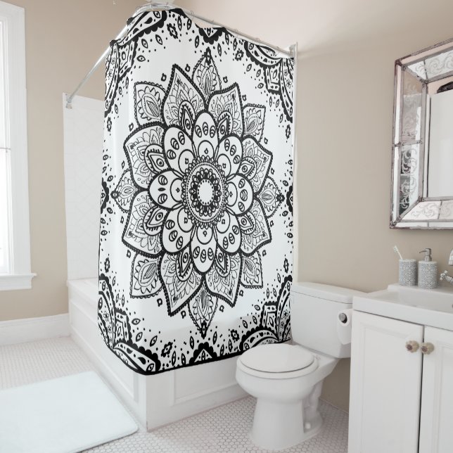 Black and white floral mandala shower curtain (In Situ)