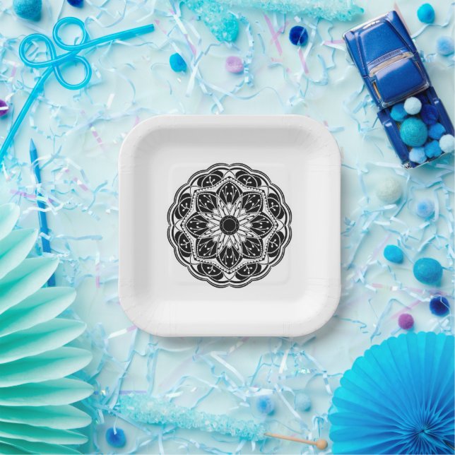  Black and white floral mandala square Paper Plate (Party)