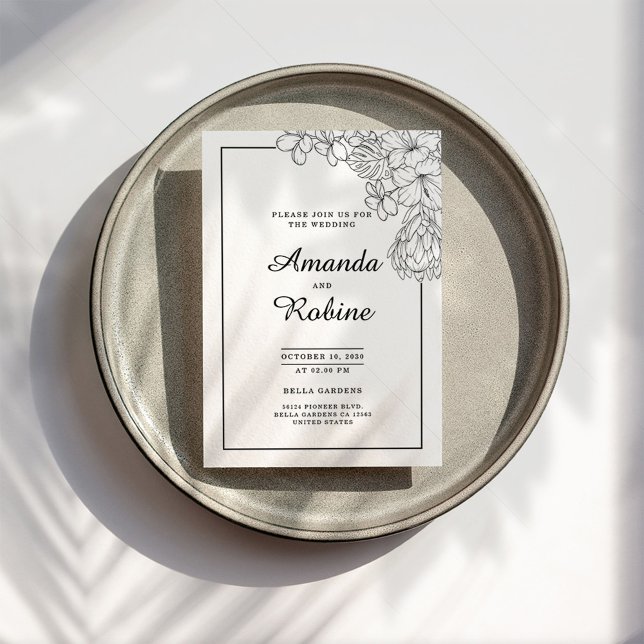 Black and White Floral Modern Simple Wedding Invitation (Creator Uploaded)