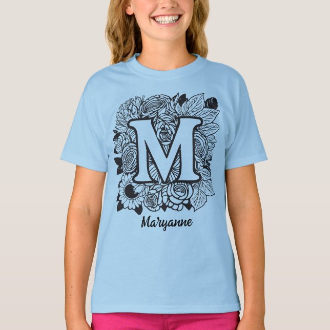 Black and White Floral Monogram Letter M T-Shirt (Front)