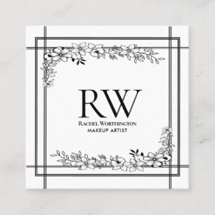 Black and white floral Monogram Square Business Card