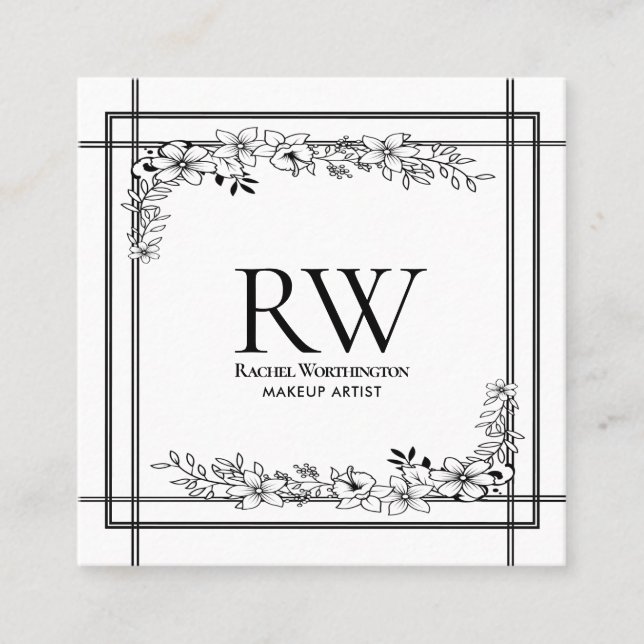 Black and white floral Monogram Square Business Card (Front)
