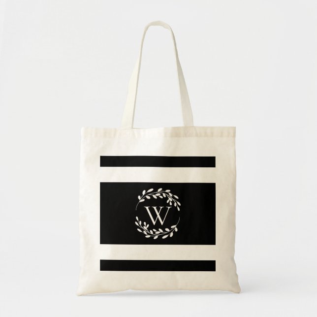 Black and White Floral Monogram Tote Bag (Front)