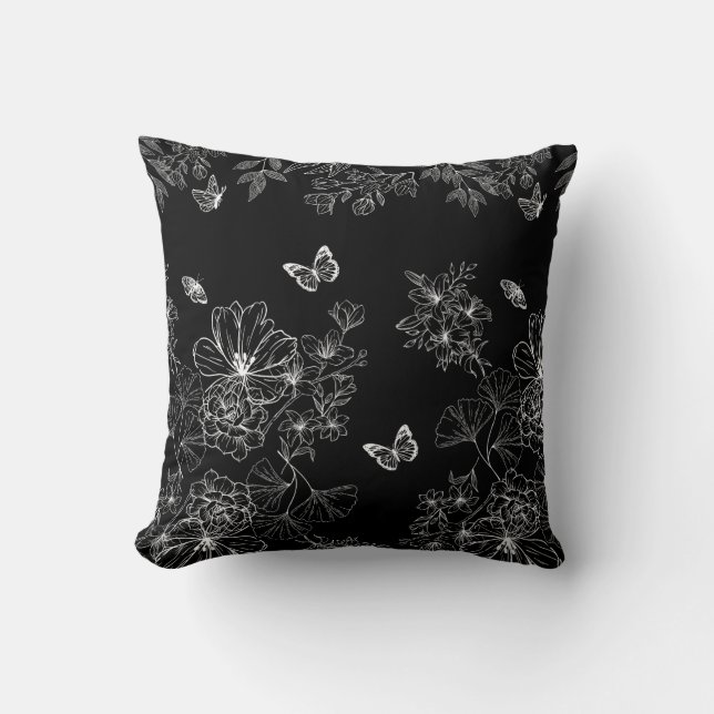 Black and White Floral Nature Pattern Minimalist Cushion (Front)