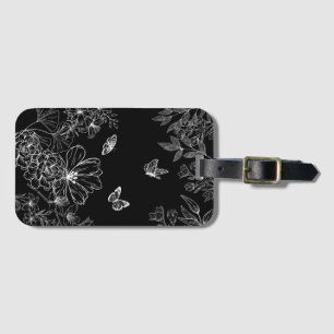 Black and White Floral Nature Pattern Minimalist Luggage Tag