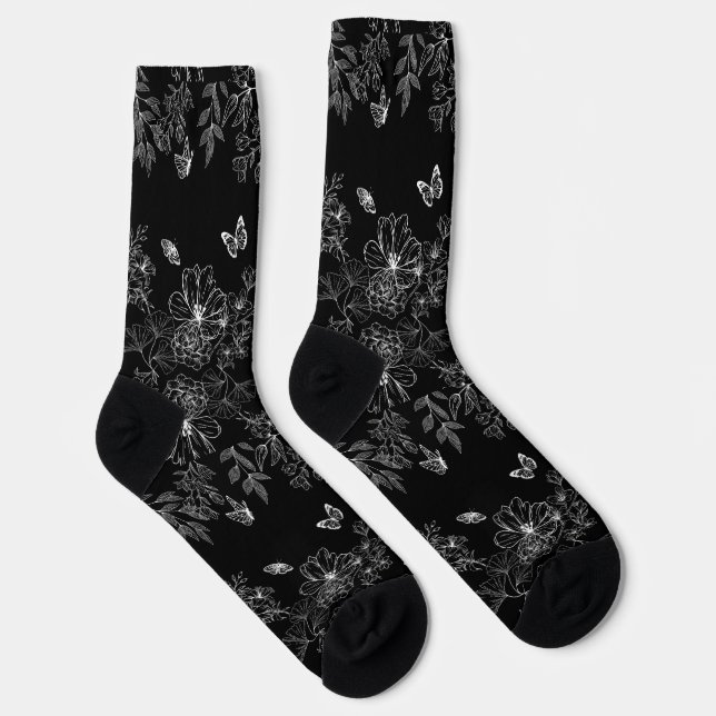 Black and White Floral Nature Pattern Minimalist Socks (Right)