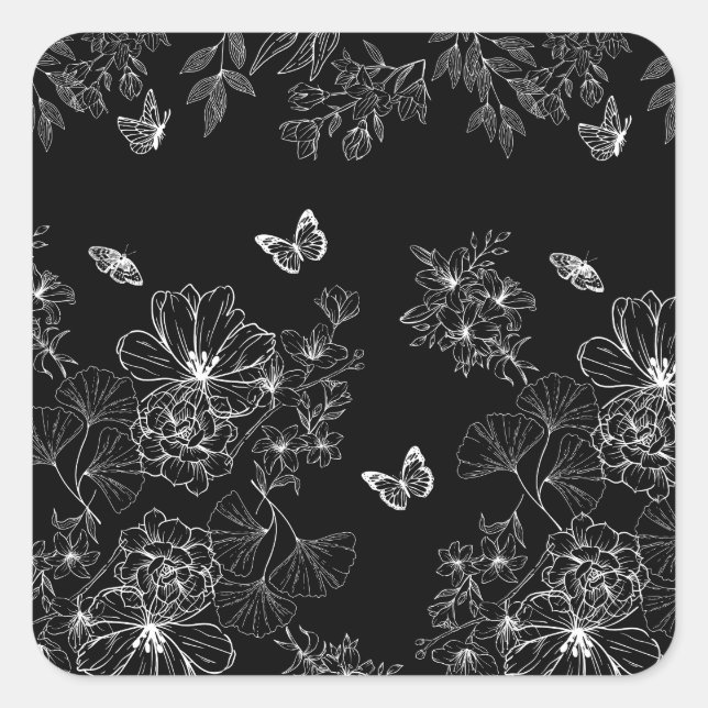 Black and White Floral Nature Pattern Minimalist Square Sticker (Front)