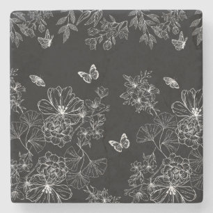 Black and White Floral Nature Pattern Minimalist Stone Coaster