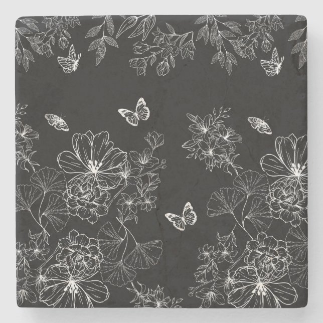 Black and White Floral Nature Pattern Minimalist Stone Coaster (Front)