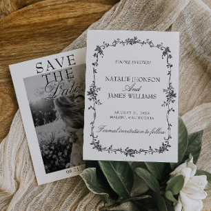 Black And White Floral Old Money Photo Wedding Save The Date