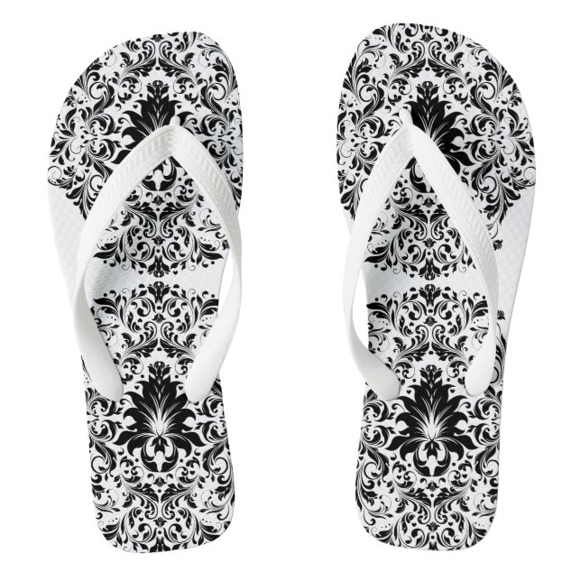 Black And White Floral Ornament Jandals (Footbed)