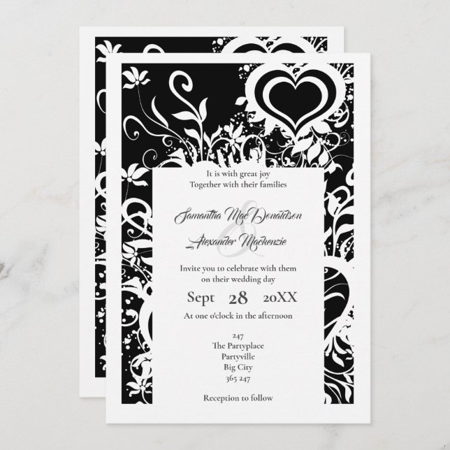 Black and white floral paper cut wedding invitation (Front/Back)