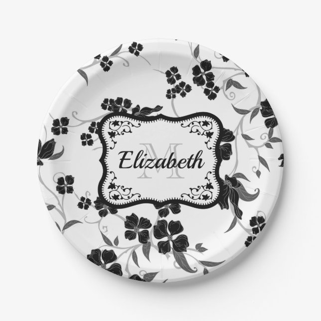 Black and White Floral Paper Plate (Front)