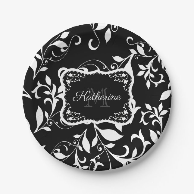 Black and White Floral Paper Plate (Front)