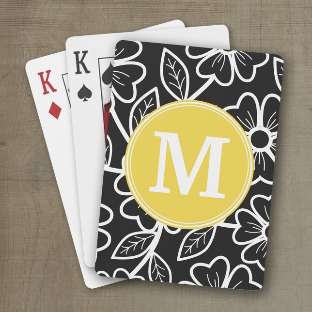 Black and White Floral Pattern Custom Monogram Playing Cards (Personalized playing cards with a funky floral pattern and a place for a name)