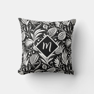 Black and White Floral Pattern Diamond Monogram Cushion