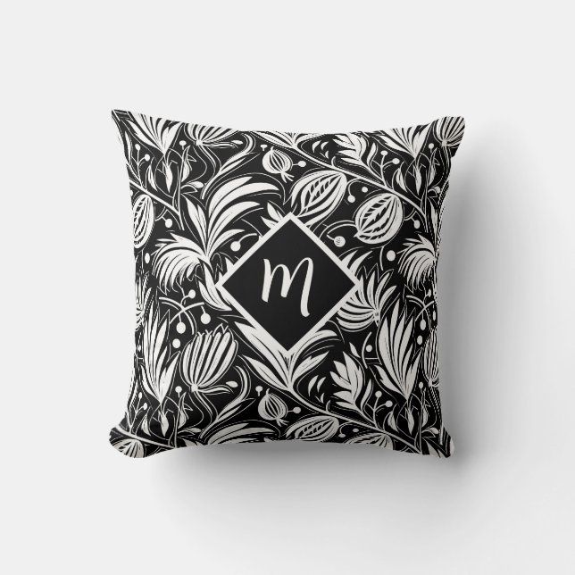 Black and White Floral Pattern Diamond Monogram  Cushion (Front)