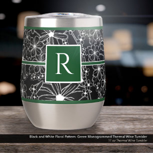 Black and White Floral Pattern: Green Monogrammed