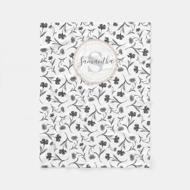 Black and White Floral Pattern - Name and Monogram Fleece Blanket (Front)