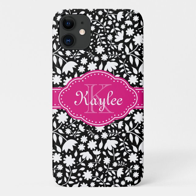 Black and White Floral Pattern Pink Monogram Case-Mate iPhone Case (Back)