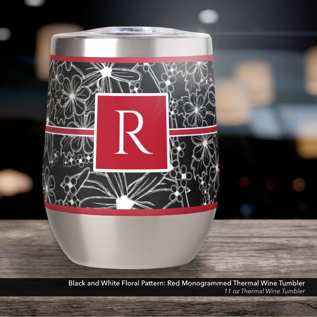 Black and White Floral Pattern: Red Monogrammed (Black and White Floral Pattern on an 11 oz Thermal Wine Tumbler with Monogram in Red)