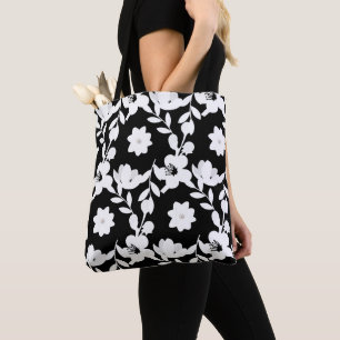 black and white floral pattern with pearls tote bag