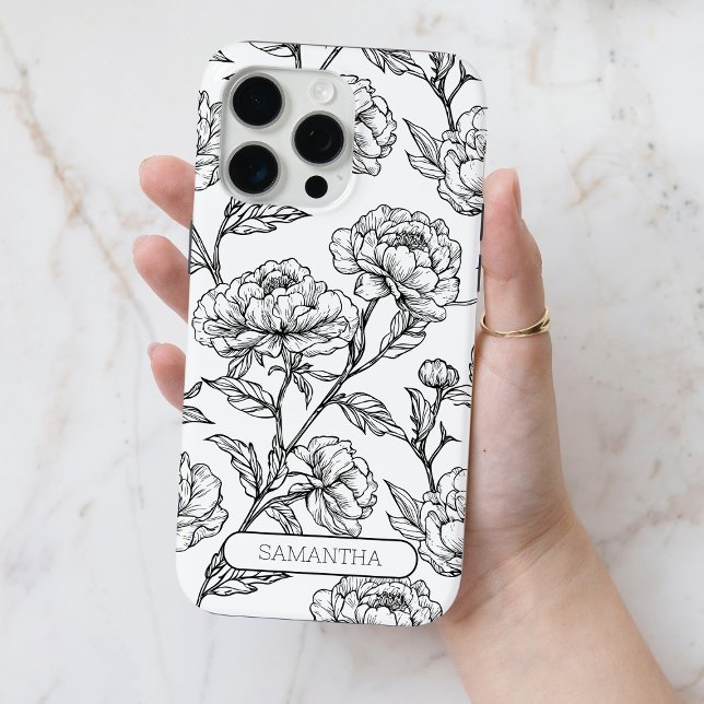 Black and White Floral Personalised Name Flower Case-Mate iPhone Case (Black and White Floral Personalized Name Flower Case-Mate iPhone Case)
