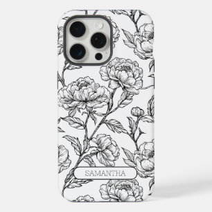 Black and White Floral Personalised Name Flower iPhone 15 Pro Max Case