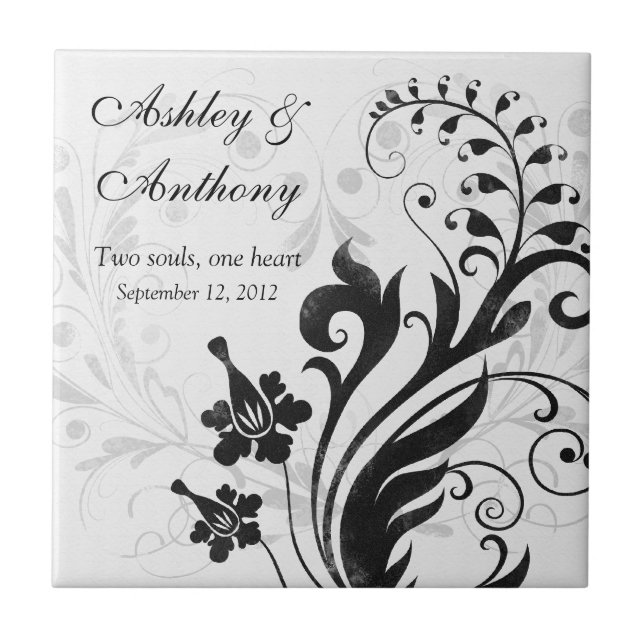 Black and White Floral Personalised Wedding Tile (Front)