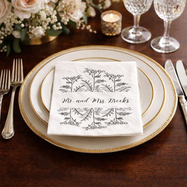 Black and White Floral Personalized Wedding Napkin (Creator Uploaded)
