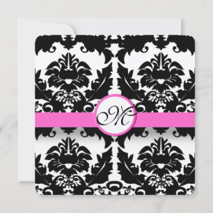 Black and White Floral Pink Trim Damask Wedding Invitation