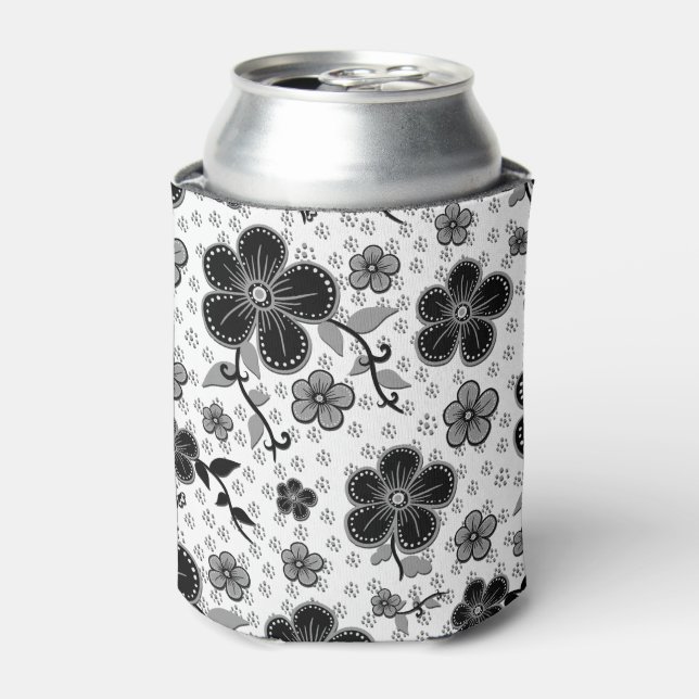 Black and White Floral Print Can Cooler (Can Front)
