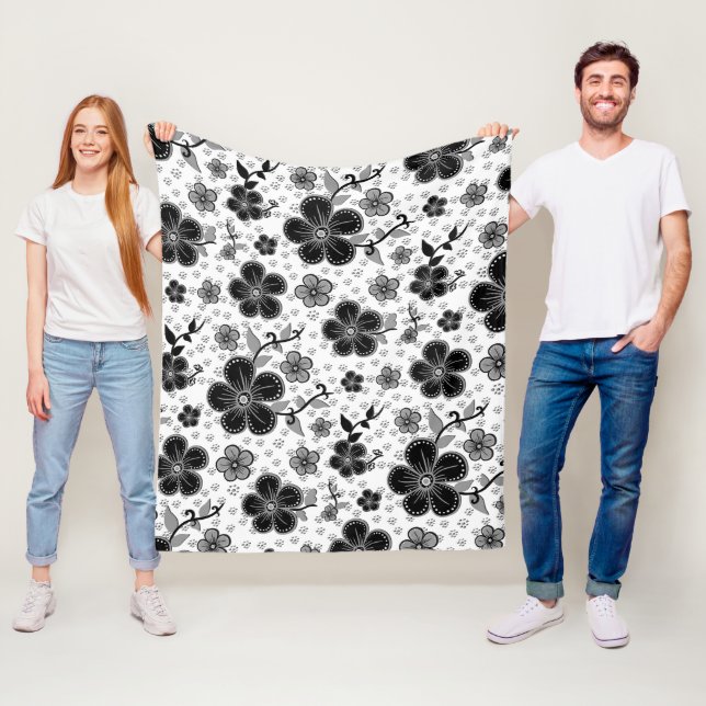 Black and White Floral Print Fleece Blanket (In Situ)