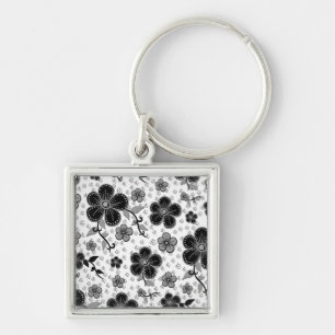 Black and White Floral Print Key Ring