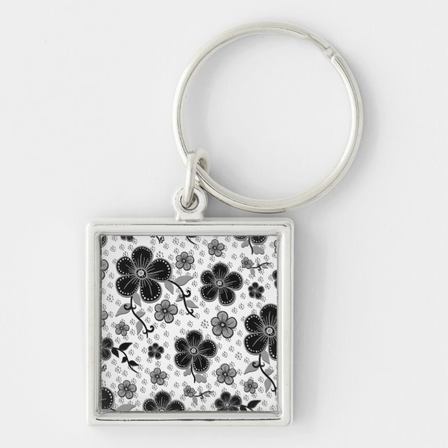 Black and White Floral Print Key Ring (Front)