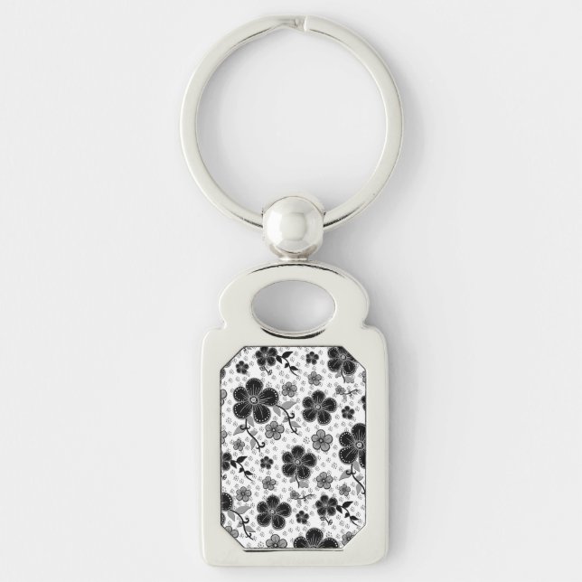 Black and White Floral Print Key Ring (Front)