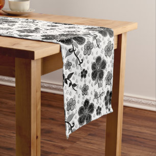 Black and White Floral Print Long Table Runner