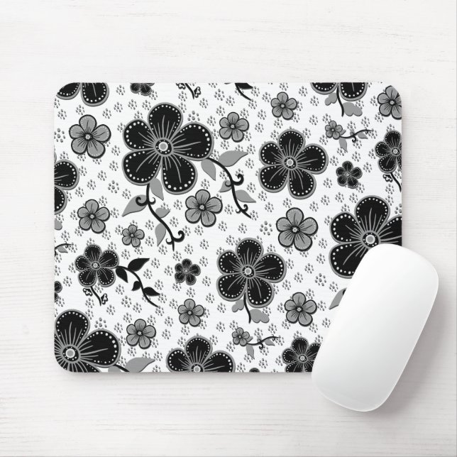 Black and White Floral Print Mouse Pad (With Mouse)