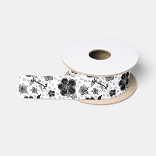 Black and White Floral Print Satin Ribbon