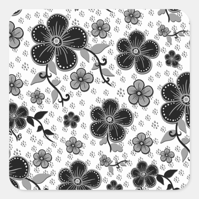 Black and White Floral Print Square Sticker (Front)