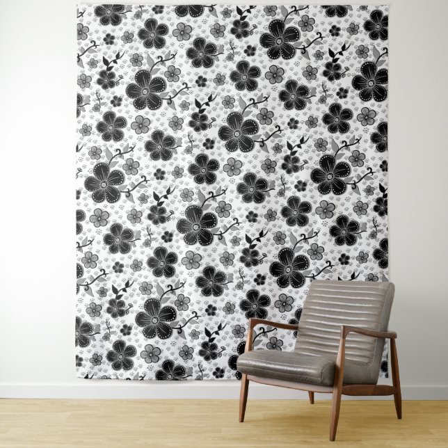 Black and White Floral Print Tapestry (In Situ)